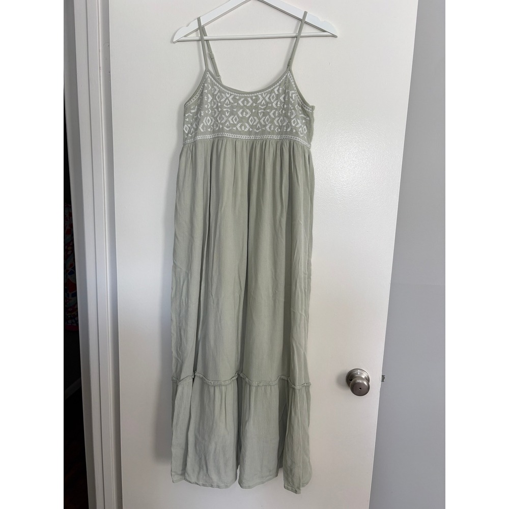 Sim & Sam Maxi Dress Small Sage Green Embroidered Boho Tiered Gauze Strappy